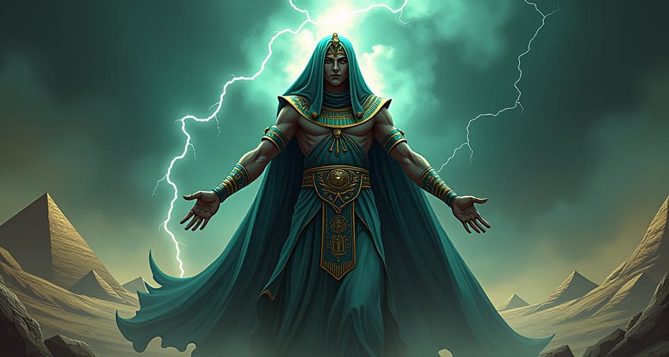  a powerful figure, aligned with the dispersed storm's energy, radiating control and influence, nature in harmony with their presence.. the style is digital art illustration / modern comic book / mysterious occult, symbolic, esoteric vibe,high detail on character design, incorporating ancient egyptian symbology and attire.