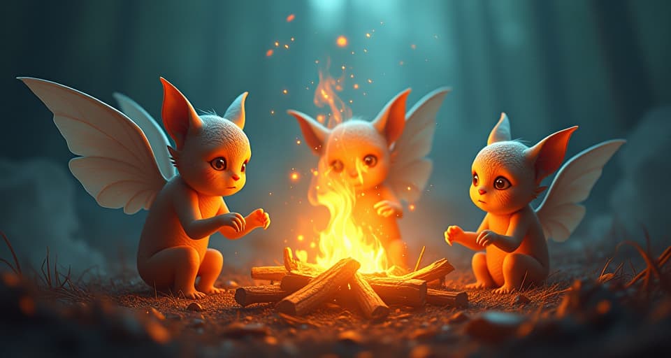  ethereal beings, previously dormant, now burning brightly with renewed purpose. sparks of light in their eyes, surrounding a mystical bonfire. the atmosphere charged with the energy of awakening hearts and minds.. the style is digital art illustration,highly detailed, whimsical,magical, dreamlike atmosphere, realism and fantasy blend, smooth, glossy textures,luminous quality, wonder and enchantment.