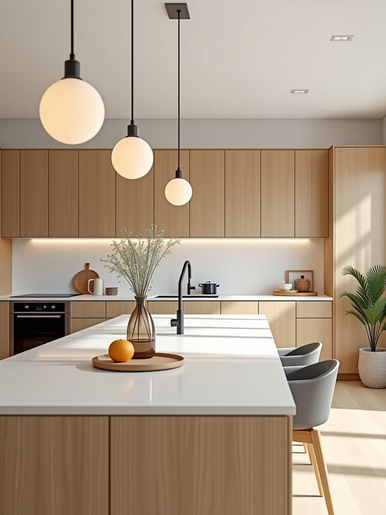  high quality portrait photo of a scandinavian inspired kitchen with light wood cabinets and white countertops, featuring a row of minimalist globe pendant lights in frosted glass, suspended over a long kitchen island hyperrealistic, full body, detailed clothing, highly detailed, cinematic lighting, stunningly beautiful, intricate, sharp focus, f/1. 8, 85mm, (centered image composition), (professionally color graded), ((bright soft diffused light)), volumetric fog, trending on instagram, trending on tumblr, HDR 4K, 8K