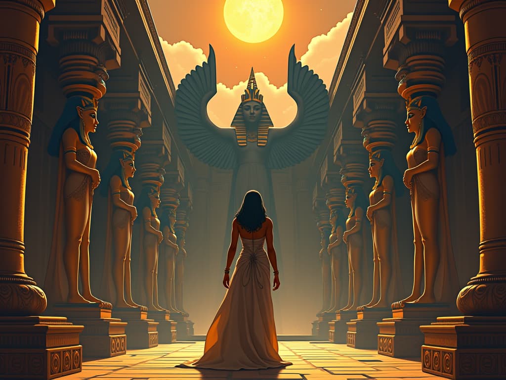  a majestic temple filled with ancient artifacts, large busted goddesses and gods depicted in intricate carvings, powerful manifestations of essence, aura of reverence. the style is digital art illustration / modern comic book / mysterious occult, symbolic, esoteric vibe,high detail on character design, incorporating ancient egyptian symbology and attire.