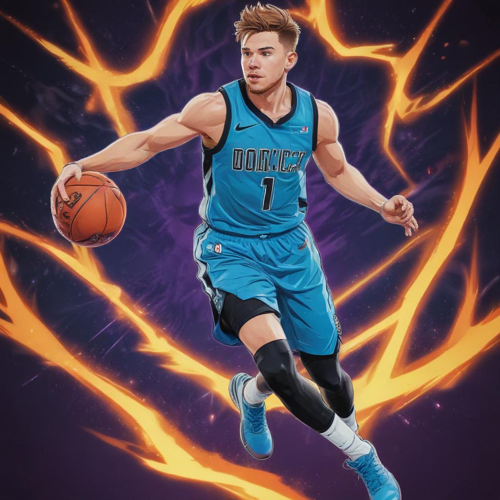 distance-shot, flashy, full-body, dynamic, holographic, animated cartoon poster of luka doncic in the style of dragon ball super