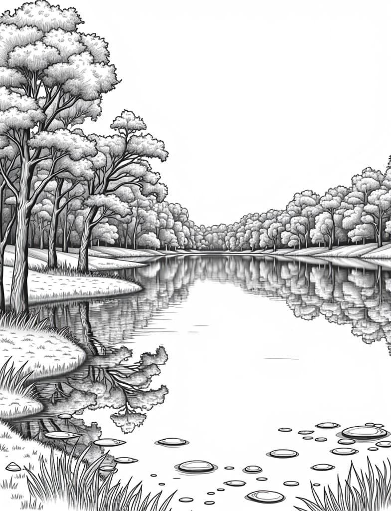  a peaceful lake with trees reflecting fall colors, black and white line art on a white background, for an adult coloring page.