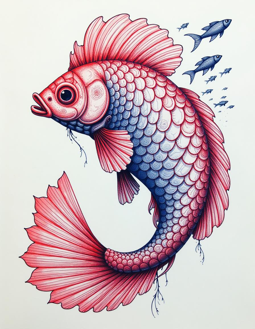  (masterpiece, hand drawn, flat ilration:1.3), surrealistic collage, (monochromatic blue ballpoint pen:1.2), whimsical red mullet, positioned in the lower left corner, (dynamic running sackariks:1.2), ly scattered in the upper right corner, enchanting zyuzyulya, captivating centerpiece, intricate details, drawing style reminiscent of notes, lined paper texture, delicate shading and cross hatching, dreamlike atmosphere, and imaginative composition, (abstract forms:1.1), blending reality and fantasy, intriguing juxtaposition, engaging visuals, exploring the boundaries of perception.