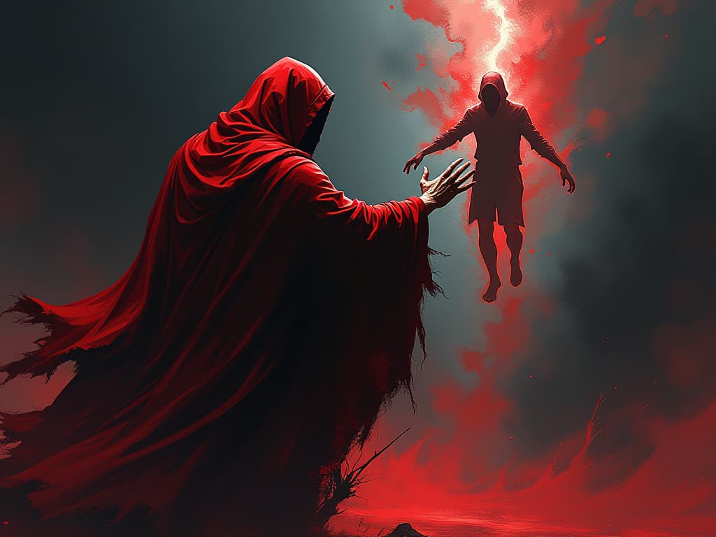  tattered red robes, ghostly figure, reaching out towards dissolving human forms, air of desperation and emotional turmoil. the style is digital art illustration / modern comic book / graphic dark novel fantasy and mysterious occult, symbolic, moody lighting, esoteric vibe,high detail on character design. for the color scheme emphasize blacks and reds.