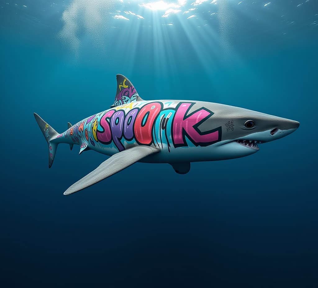  a great white shark covered in colorful graffiti, swimming underwater in the ocean. the graffiti on its body reads "spook". the photography is in the style of realistic