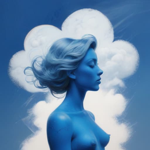 A cloud covered woman, surrounded in blue in the style of kids' crayon art