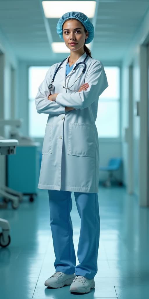  illustration of a female surgeon standing in a hospital setting, high quality, high details, hd, perfect composition, 4k epic detailed, highly detailed, sharp focus, high resolution