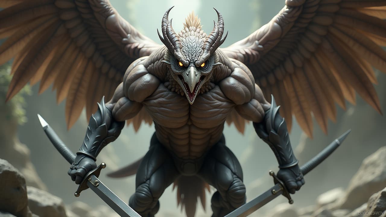  hyperrealistic art hybrid muscular mutant bird warrior with two swords looking angrily with shining eyes, extremely high resolution details, photographic, realism pushed to extreme, fine texture, incredibly lifelike