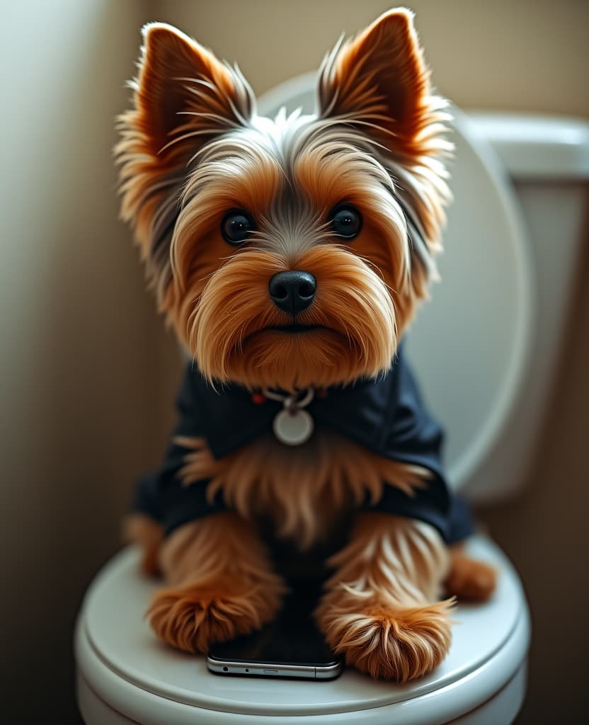  breathtaking yorkshire terrier dog, shaggy, with dark eyes, sitting on the toilet with a phone in his paws, 4k quality, realism . award winning, professional, highly detailed hyperrealistic, full body, detailed clothing, highly detailed, cinematic lighting, stunningly beautiful, intricate, sharp focus, f/1. 8, 85mm, (centered image composition), (professionally color graded), ((bright soft diffused light)), volumetric fog, trending on instagram, trending on tumblr, HDR 4K, 8K