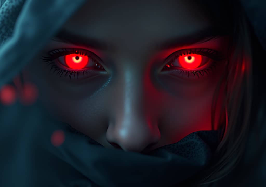  a close up of piercing red eyes glimmering in the dark, surrounded by a misty, ethereal aura. soft light reflects off the sclera, enhancing the intensity, while faint silhouettes of spiritual symbols swirl in the background. hyperrealistic, full body, detailed clothing, highly detailed, cinematic lighting, stunningly beautiful, intricate, sharp focus, f/1. 8, 85mm, (centered image composition), (professionally color graded), ((bright soft diffused light)), volumetric fog, trending on instagram, trending on tumblr, HDR 4K, 8K