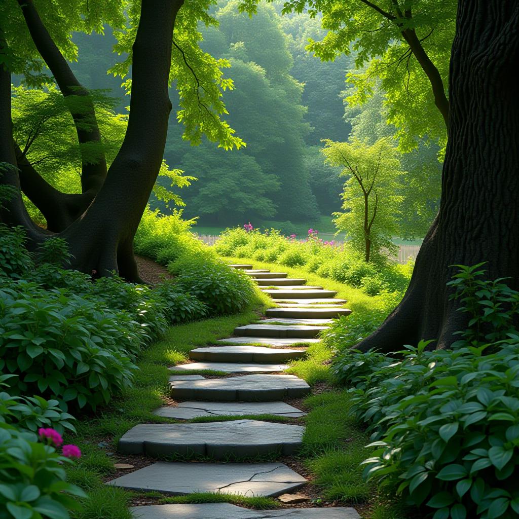  gray stone pathway winding through a lush garden, 4k hyperrealistic photo