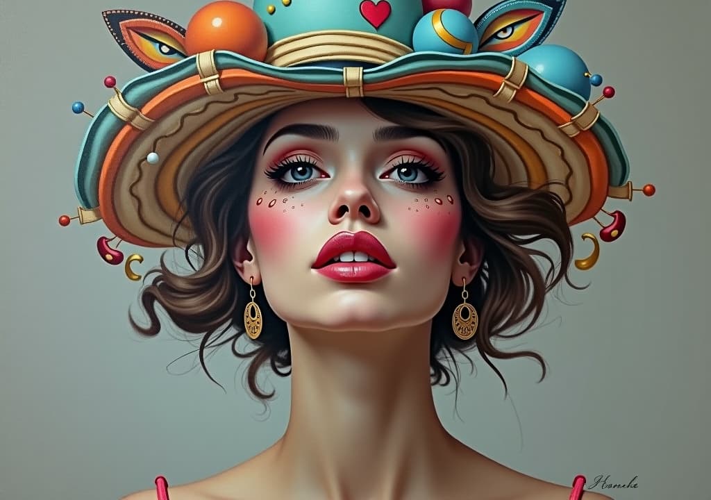  surrealistic fine art painting of eccentric young woman with bright creative makeup and weird hat while standing against gray background.