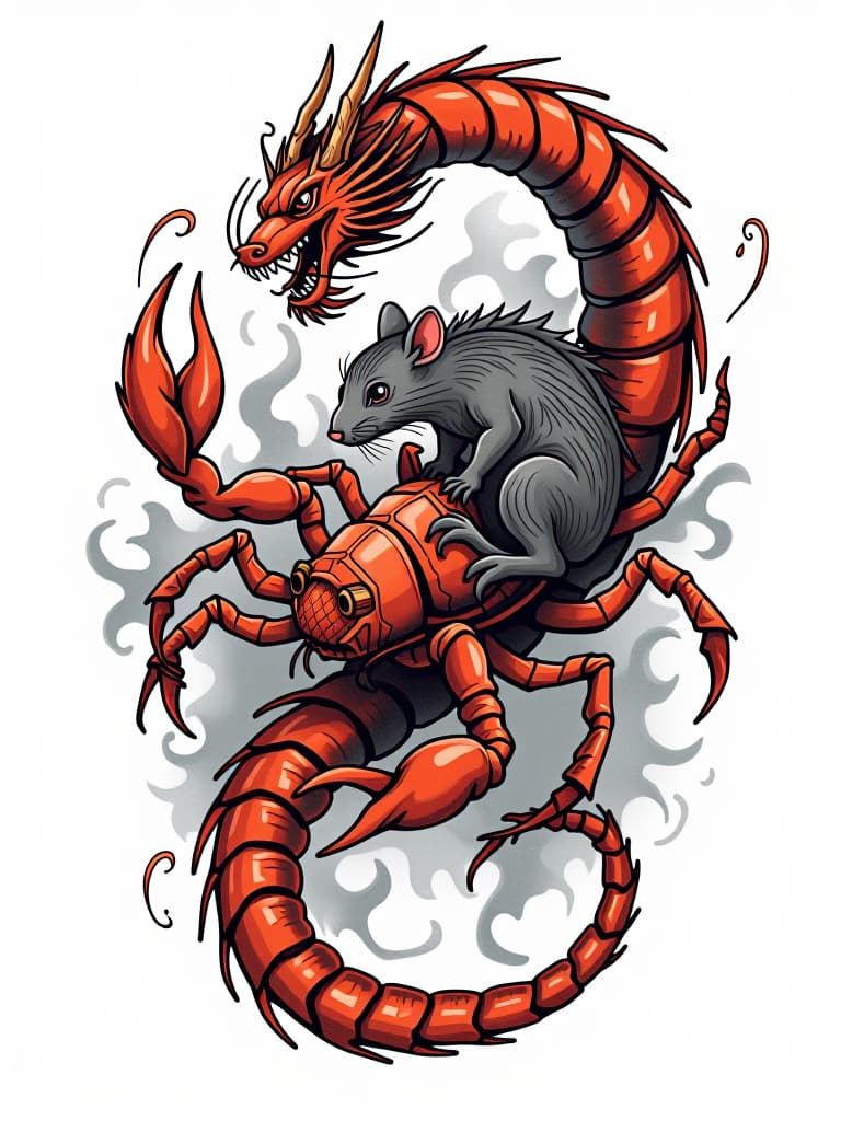  a scorpion with a dragon in one hand and a rat in the other handa scorpion with a dragon in one hand and a rat in the other hand. generate a professional tattoo illustration. the tattoo should be isolated and centered. place the tattoo in the center on a solid white background. tattoo with hyperrealistic, full body, detailed clothing, highly detailed, cinematic lighting, stunningly beautiful, intricate, sharp focus, f/1. 8, 85mm, (centered image composition), (professionally color graded), ((bright soft diffused light)), volumetric fog, trending on instagram, trending on tumblr, HDR 4K, 8K