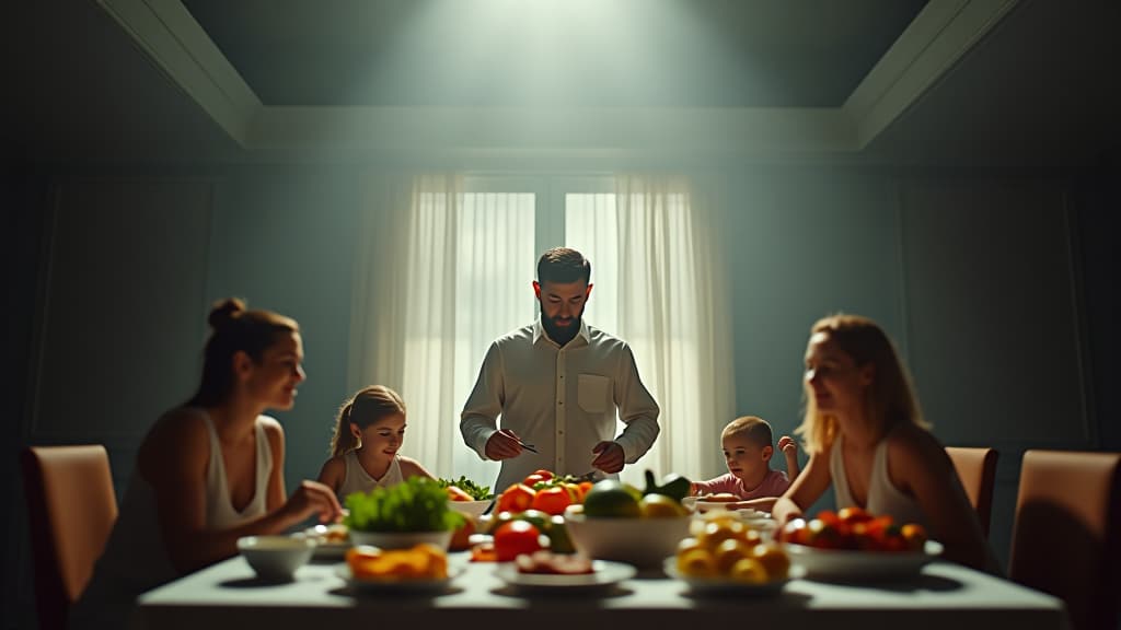  scenes about health and fitness, a family meal setting with various foods on the table, with a dark cloud above illustrating the hidden dangers lurking. hyperrealistic, full body, detailed clothing, highly detailed, cinematic lighting, stunningly beautiful, intricate, sharp focus, f/1. 8, 85mm, (centered image composition), (professionally color graded), ((bright soft diffused light)), volumetric fog, trending on instagram, trending on tumblr, HDR 4K, 8K