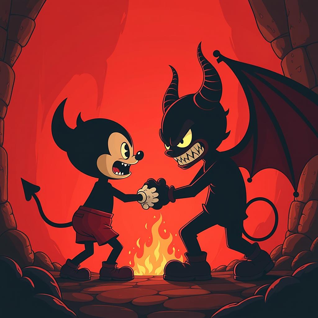  lugo game vs devil ai old cuphead cartoon style 2d basic color palette (the devil is very evil and angry), high quality, high details, hd, perfect composition, 4k epic detailed, highly detailed, sharp focus, high resolution