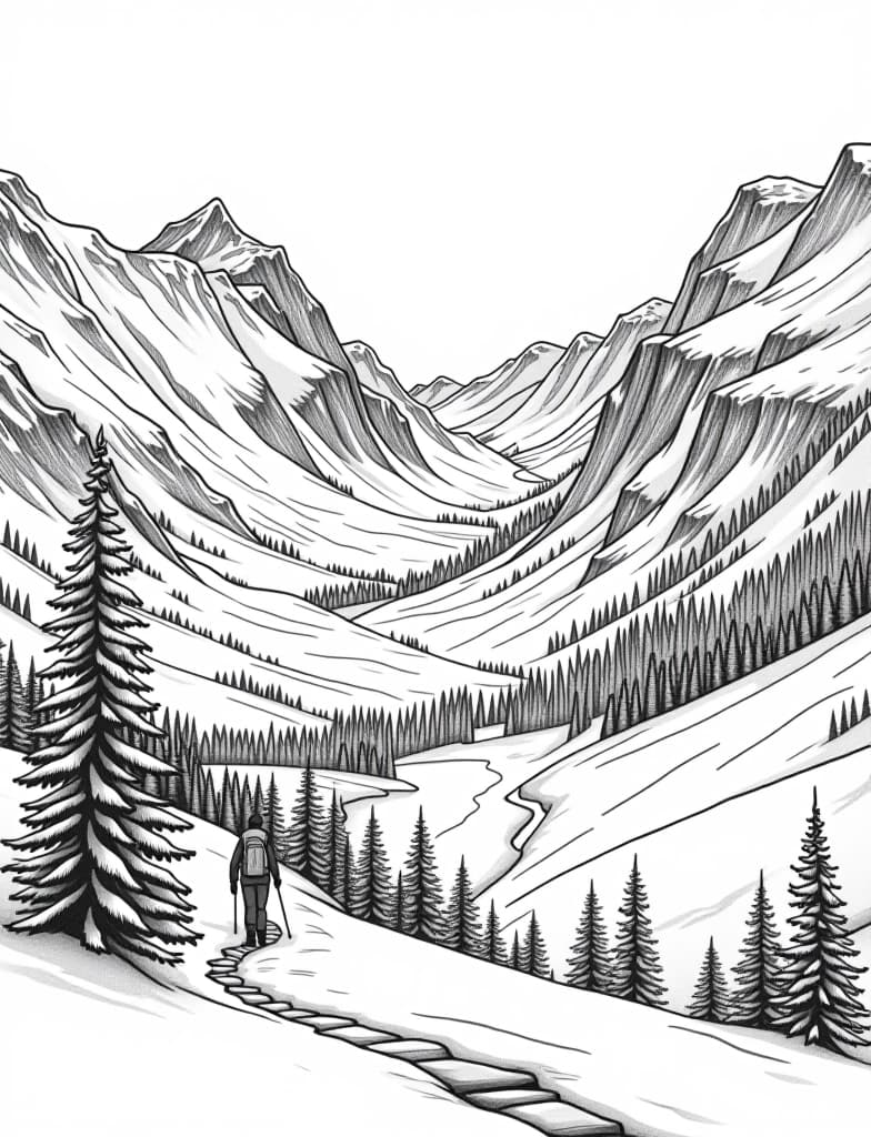  this is for an adult coloring page. a detailed black and white line art of a snowy snow covered valley with a group of hikers walking on a solid white background.