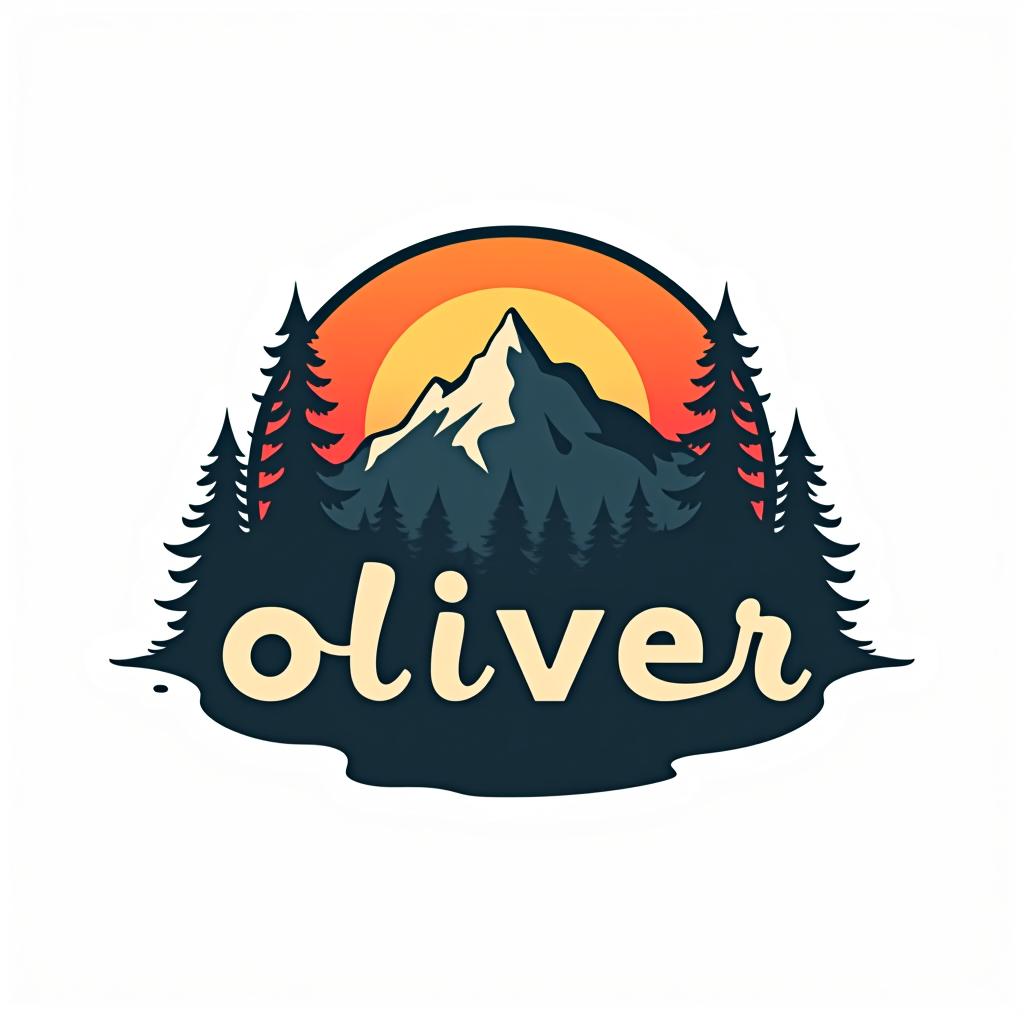  design a logo, custom sticker design on an isolated white background with the bold words ‘oliver’ with a backdrop of a mountain range, and silhouettes of pine trees at sunset