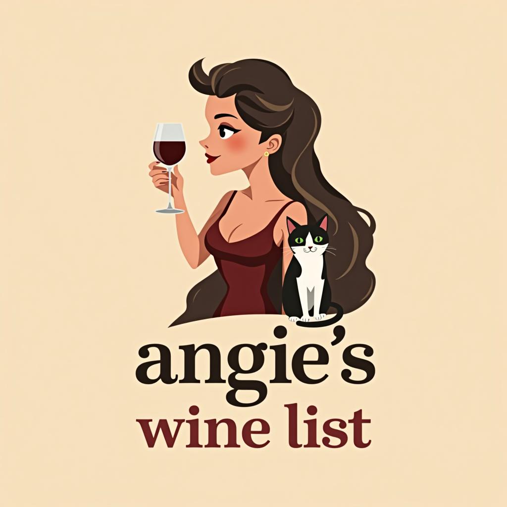  design a logo, a woman with a glass of wine and a black and white cat, with the text 'angie’s wine list'.