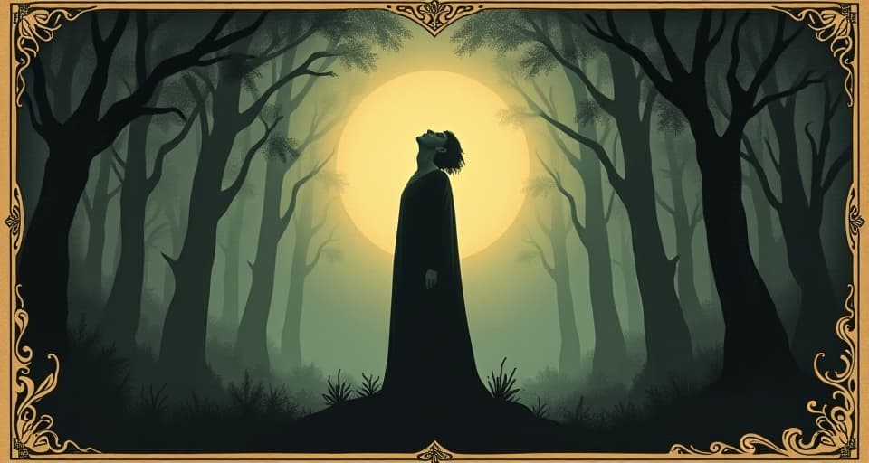  figure standing with head tilted back, surrounded by a bright aura, dark forest backdrop, ethereal light penetrating trees, sense of awe, divine presence, mysticism. an illustration in the style of a worn, mystical old tarot trump card, mysterious and elements of surrealism. the colors are muted, somber and eerie, but with contrast bring out an occult and esoteric vibe.