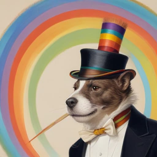 Rainbow gragqueenmagician’s top hat and headdress tuxedo with high Elizabethan collar wand paraso, cartoon, full of colour, disney, sharp focus, illustration, 50's cartoons, norman rockwell