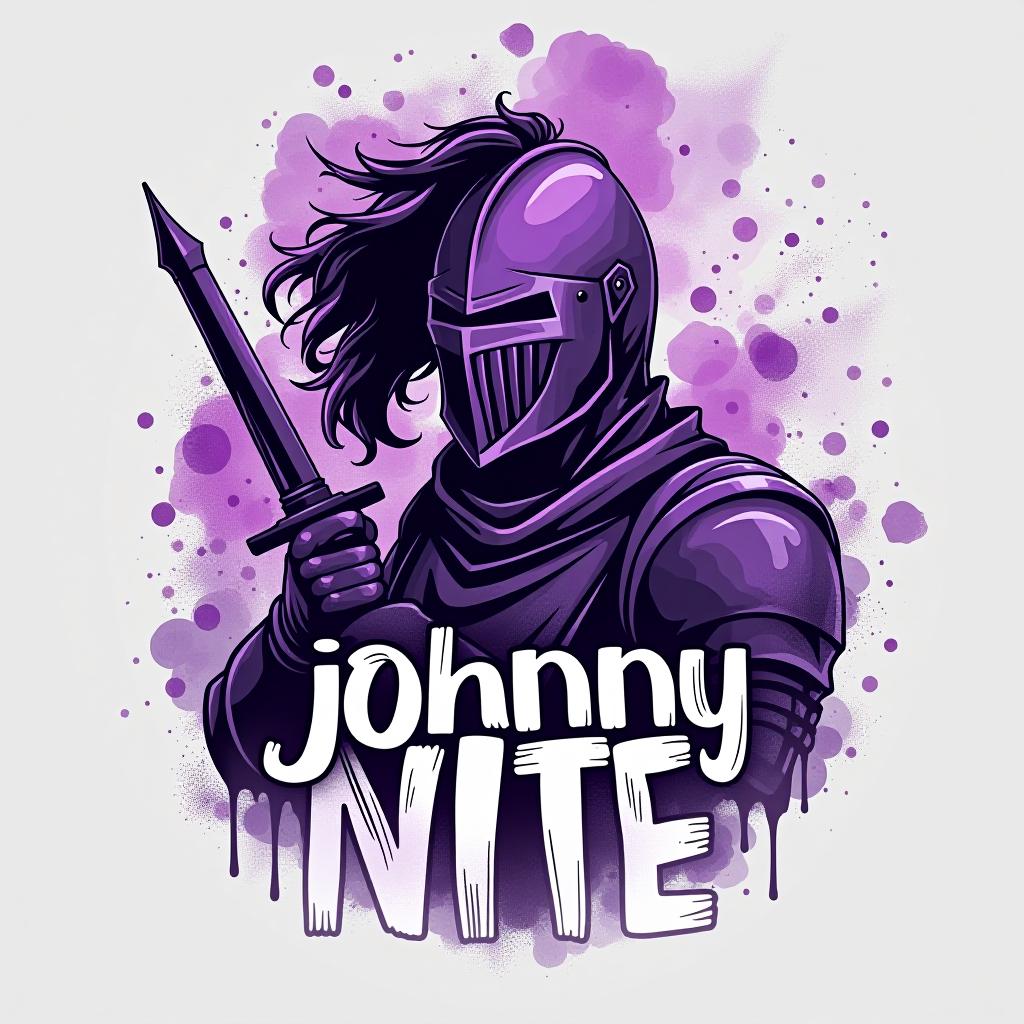  design a logo, in a watercolor style. knight graffiti purple and black, with the text 'johnny nite'.