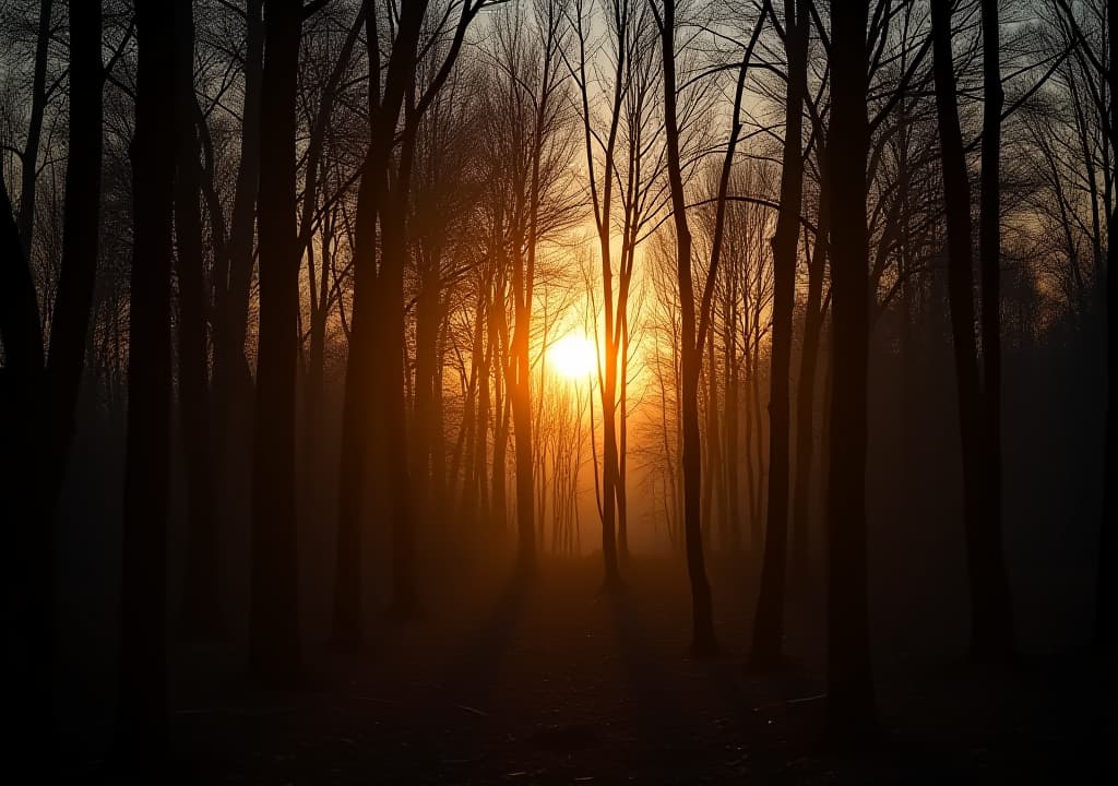  wide total shot, camera is far away, dark fantasy look, sunset light, sun is shinig through trees