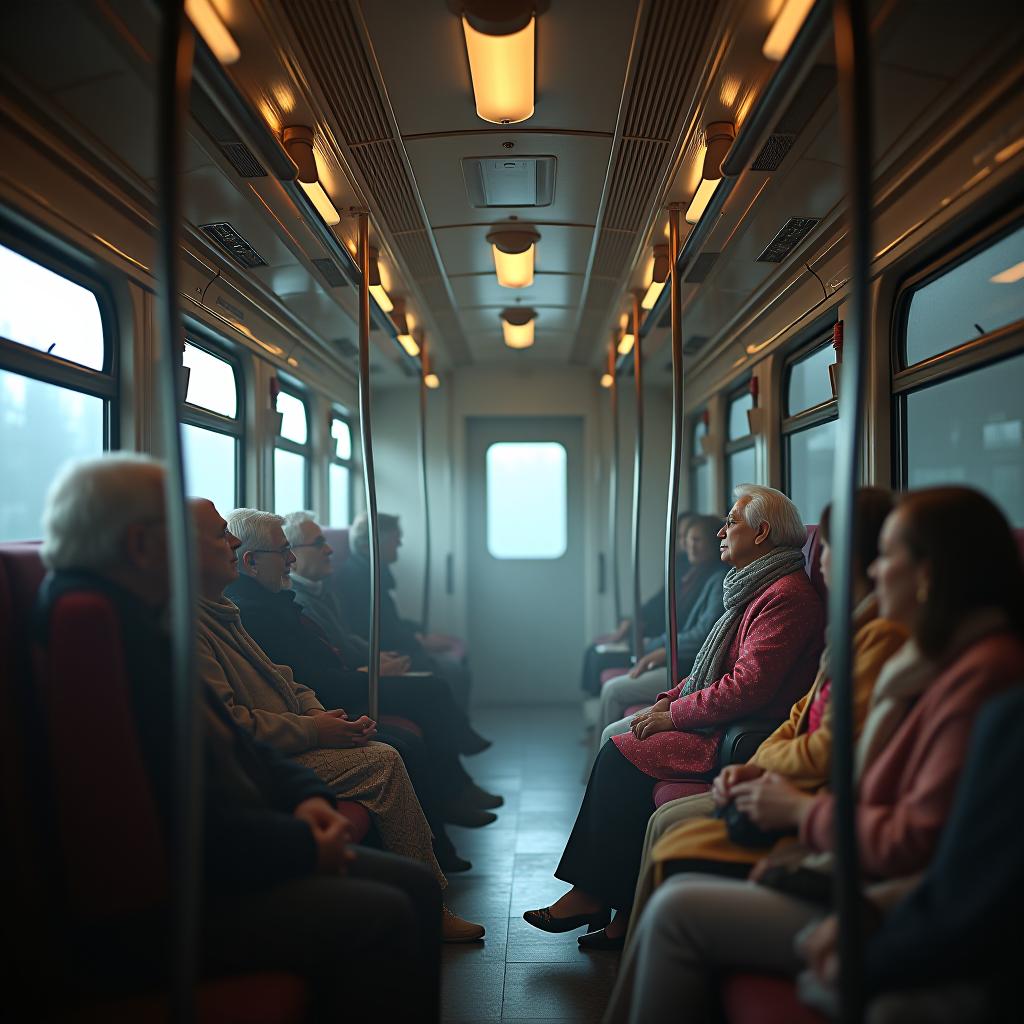  a sustainable train interior for eldery people, festive design hyperrealistic, full body, detailed clothing, highly detailed, cinematic lighting, stunningly beautiful, intricate, sharp focus, f/1. 8, 85mm, (centered image composition), (professionally color graded), ((bright soft diffused light)), volumetric fog, trending on instagram, trending on tumblr, HDR 4K, 8K