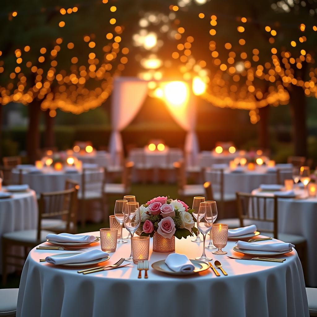  a luxurious outdoor wedding setup at sunset, featuring elegantly decorated tables with white linens, golden cutlery, and floral centerpieces in pastel colors. the background showcases a serene garden with fairy lights hanging from trees, creating a romantic and enchanting atmosphere. the image should have a warm, golden glow, capturing the essence of a perfect evening event. the style should be high end and sophisticated, with a focus on elegance and attention to detail.ensure all images are clear, detailed, contains no text and no deformities. realistic, highly detailed, photorealistic, cinematic lighting, intricate, sharp focus, f/1.8, 85mm, (centered image composition), (professionally color graded), ((bright soft diffused light)), hdr 4