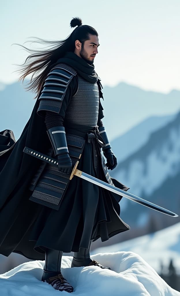  a stoic samurai warrior, clad in sleek black armor, stands atop a snow capped mountain peak. his katana gleams in the sunlight, reflecting the stark beauty of the frozen landscape. the wind whips his long, flowing hair and the fabric of his garments, creating a sense of movement and power. his eyes, piercing and intense, focus on a distant horizon. the scene is infused with a sense of solitude, strength, and unwavering determination, echoing the spirit of the samurai.hyper detail, intricate details, sharp focus, high resolution, 8k, ultra detailed, vib