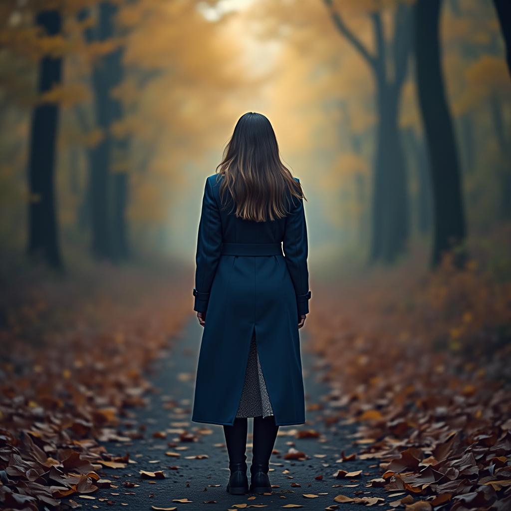  a girl in a long coat in a blue hue in the autumn forest.