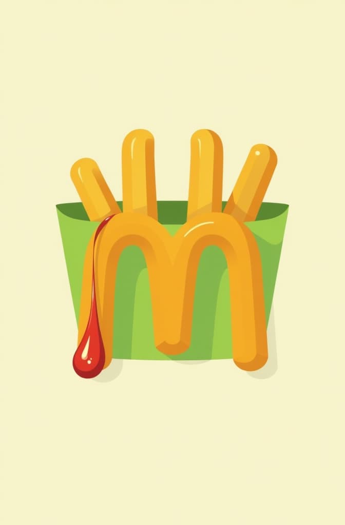  flat illustration, flaticon, (illustration:1.15), creative design, minimalistic logo for fastfood "tasty and period", make letter “m”, use fried fry and ketchup, green yellow and red colors ar 2:3, [cory loftis, strobist, pascal campion :: 0.2]