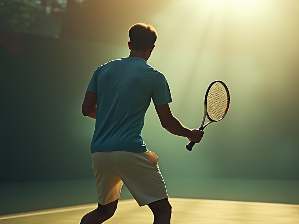  a man from the back playing tennis hyperrealistic, full body, detailed clothing, highly detailed, cinematic lighting, stunningly beautiful, intricate, sharp focus, f/1. 8, 85mm, (centered image composition), (professionally color graded), ((bright soft diffused light)), volumetric fog, trending on instagram, trending on tumblr, HDR 4K, 8K