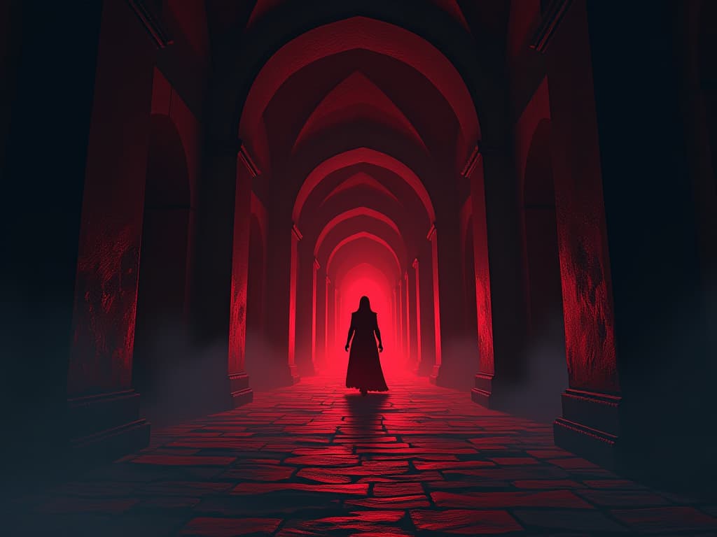  echoing corridor of a castle, footsteps fading in the distance, air of fading power and past. the style is digital art illustration / modern comic book / graphic dark novel fantasy and mysterious occult, symbolic, moody lighting, esoteric vibe,high detail on character design. for the color scheme emphasize blacks and reds.