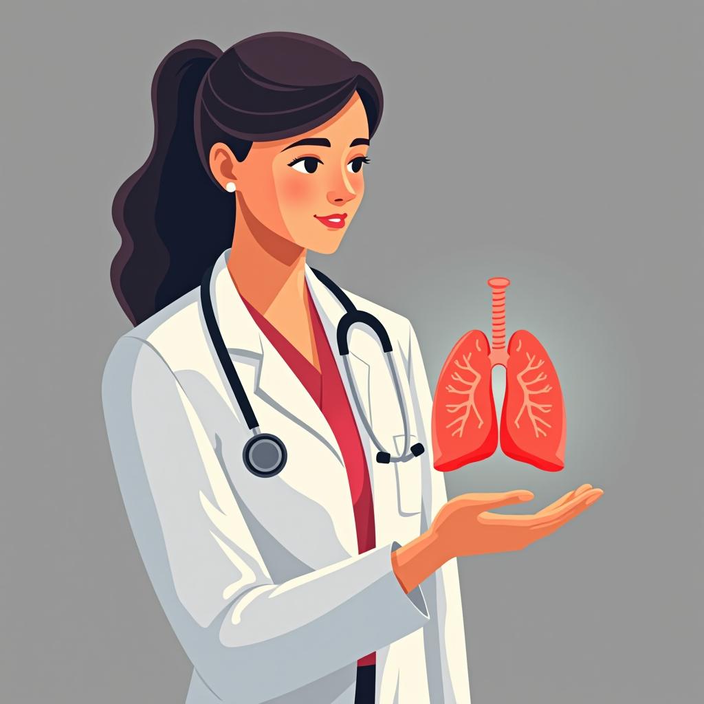  illustration woman doctor with stethoscope while holding virtual lungs in hand.