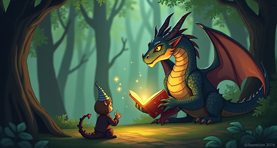  a wise, ancient dragon in a serene forest, storytelling to young magical creatures. radiant glyphs illustrating the story around them, atmosphere of wisdom and inspiration.. the style is digital art illustration,highly detailed, whimsical,magical, dreamlike atmosphere, realism and fantasy blend, smooth, glossy textures,luminous quality, wonder and enchantment.