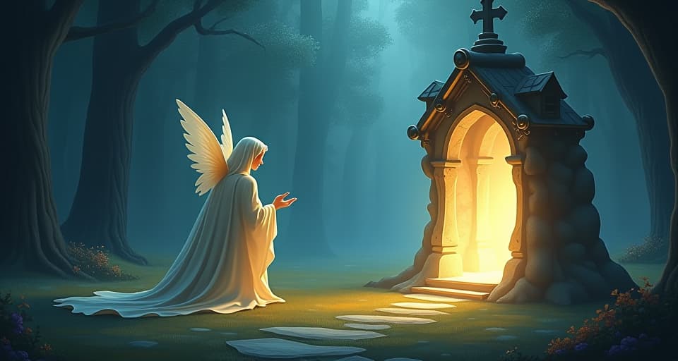  ethereal being in radiant robes, kneeling at a mystical shrine in a luminous forest, hands reaching out, divine and seeking atmosphere. the style is digital art illustration,highly detailed, whimsical,magical, dreamlike atmosphere, realism and fantasy blend, smooth, glossy textures,luminous quality, wonder and enchantment.