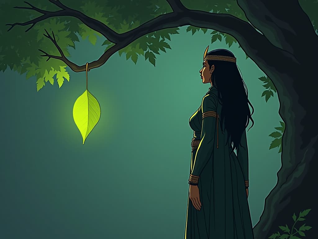  a single leaf falling from a tree, glowing softly, large busted woman in form fitting robes watching it descend, sense of life's cyclical nature, grace in change. the style is digital art illustration / modern comic book / mysterious occult, symbolic, esoteric vibe,high detail on character design, incorporating ancient egyptian symbology and attire.