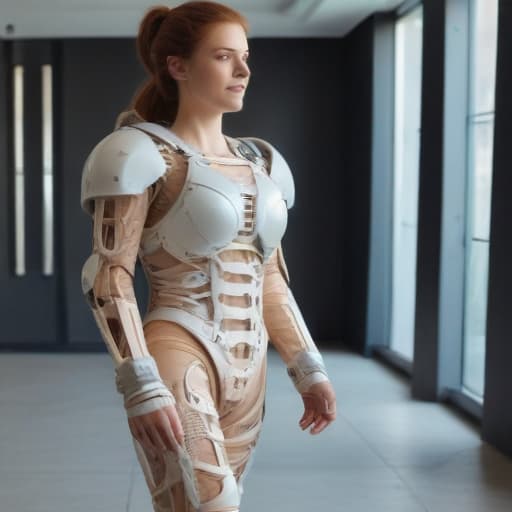 Femme en robe, dans un exosquelette est dans l’exosquelette, fait partie de la robe