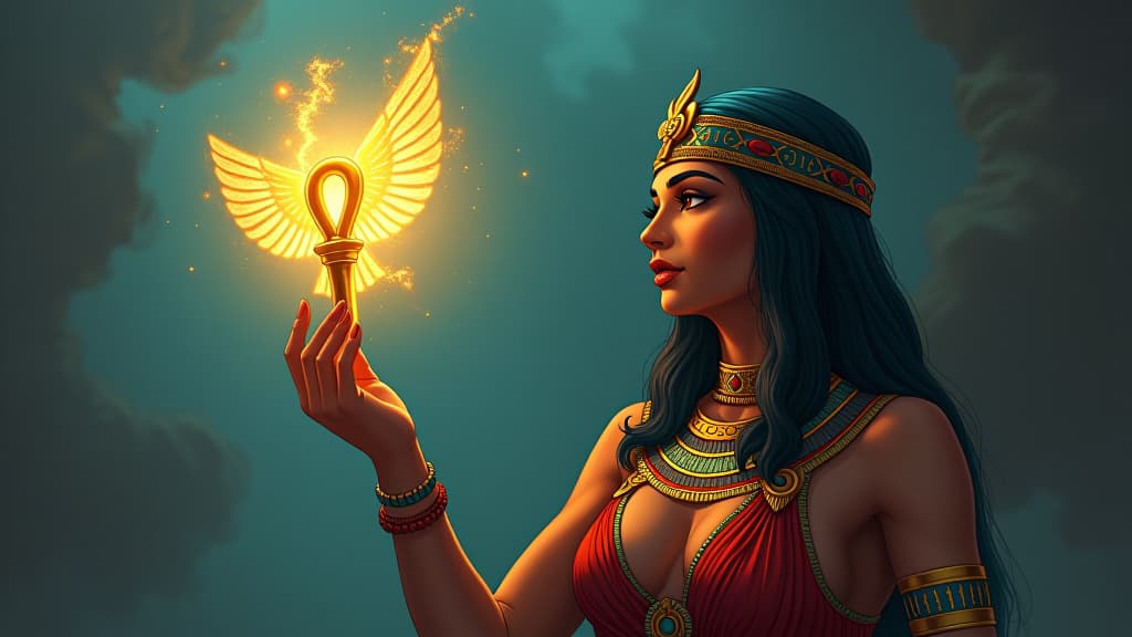  a comic book style draw of an ancient goddess offering a glowing ankh to a person, sense of audacity and reward, atmosphere of being unapologetically oneself. the style is digital art illustration / modern comic book / mysterious occult, symbolic, esoteric vibe,high detail on character design, incorporating ancient egyptian symbology and attire. hyperrealistic, full body, detailed clothing, highly detailed, cinematic lighting, stunningly beautiful, intricate, sharp focus, f/1. 8, 85mm, (centered image composition), (professionally color graded), ((bright soft diffused light)), volumetric fog, trending on instagram, trending on tumblr, HDR 4K, 8K