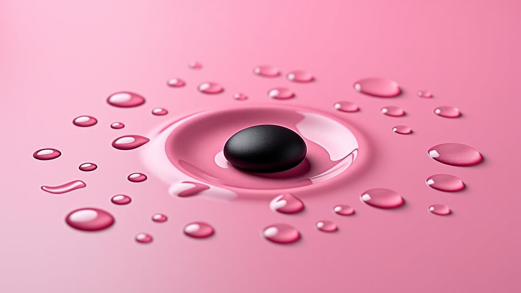  drops of water on a pink surface with a black object in the center of the photo, and a black object in the foreground