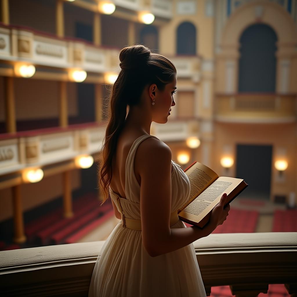  a woman in an antique light dress stands on the balcony of a theater, shown in full profile. her facial features are blurred, and she holds an ancient book with hieroglyphs in her hands.