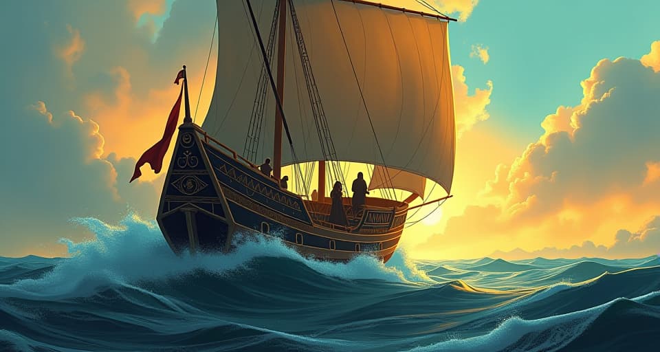  a ship with billowing sails navigating rough seas, a strong wind pushing it forward, symbolizing doubts as driving force. the style is digital art illustration / modern comic book / mysterious occult, symbolic, esoteric vibe,high detail on character design, incorporating ancient egyptian symbology and attire.