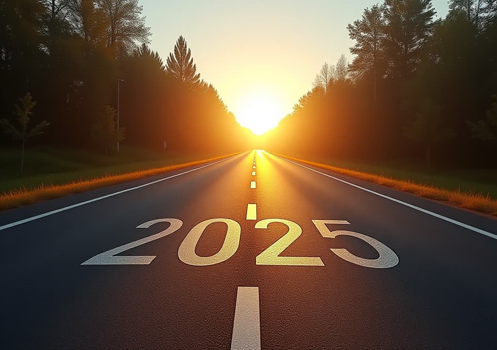  new year 2025, concept photo written on the road in the middle of asphalt road at morning, a conceptual photo of the path leading to a bright future