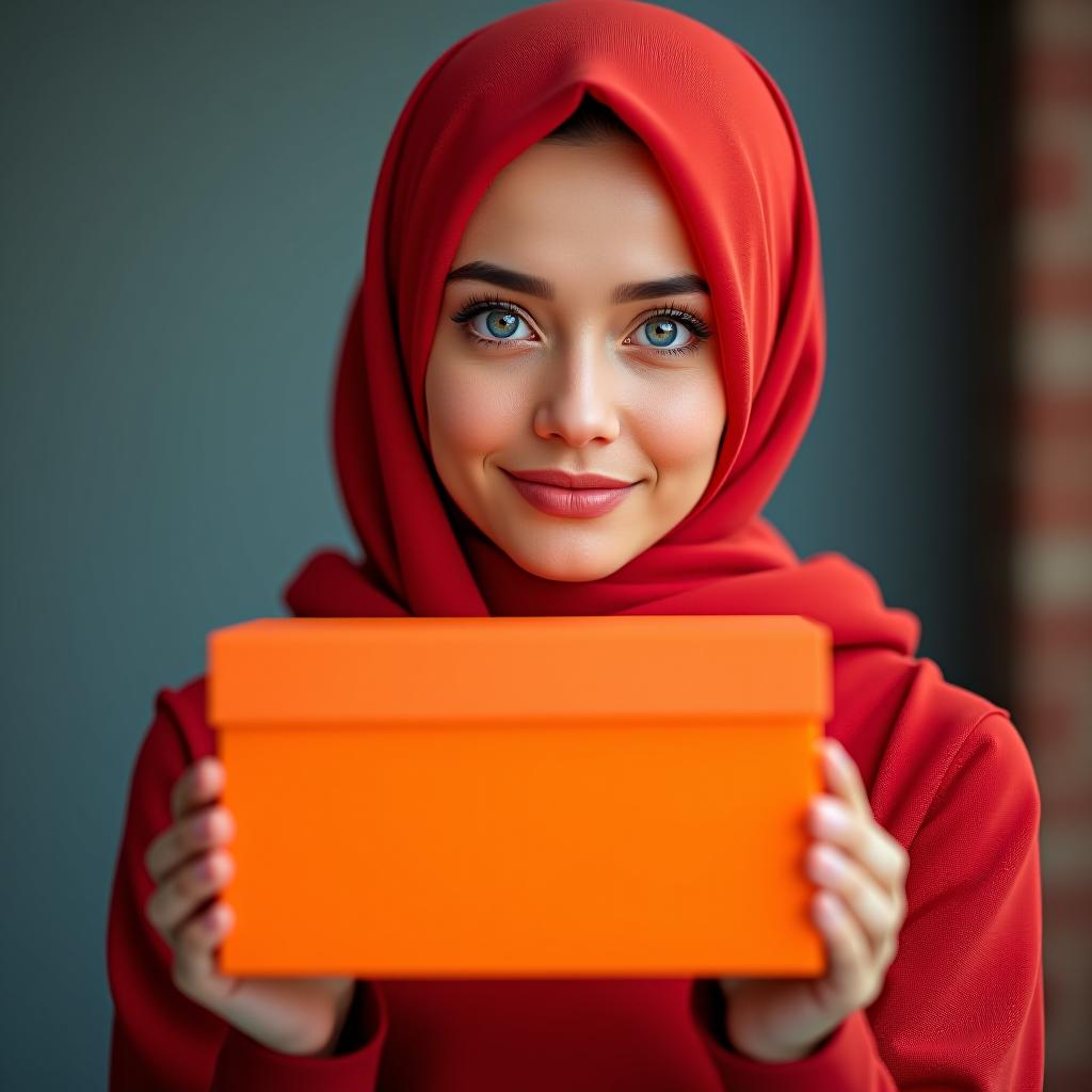  a muslim woman with blue eyes in red holding an orange box from the taobao website.