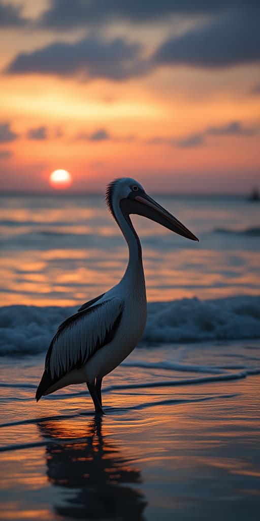  a pelican stands on the beach at sunset, high quality, high details, hd, perfect composition, 4k epic detailed, highly detailed, sharp focus, high resolution