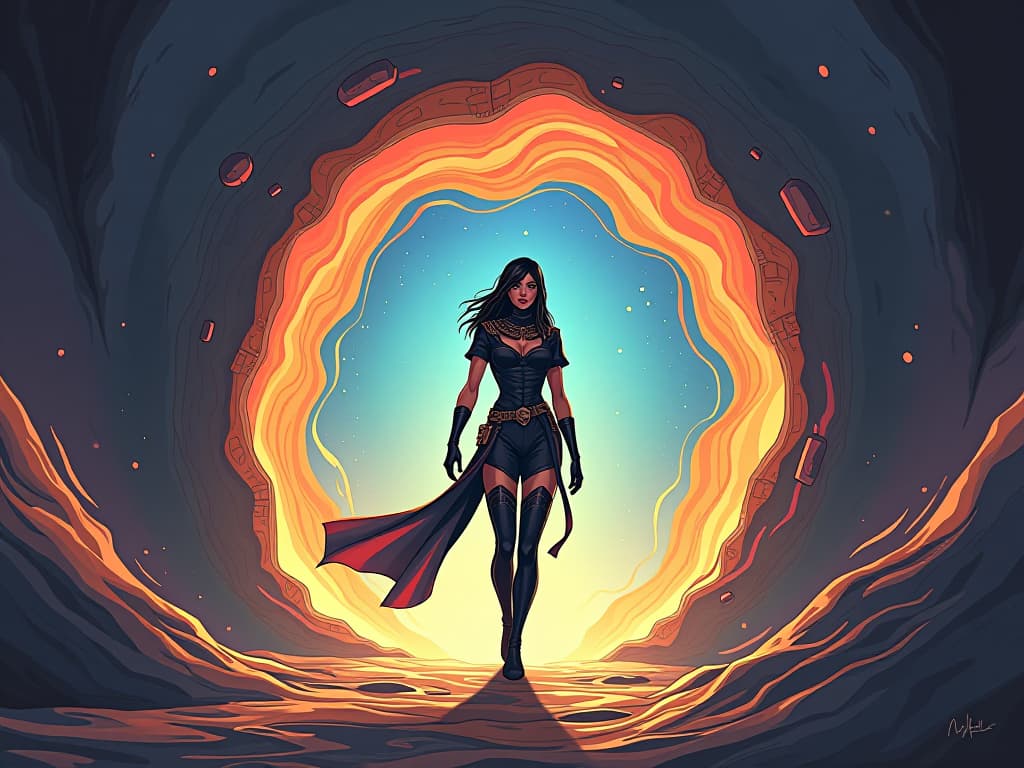  a dimensional portal, swirling colors, a figure stepping through, donned in futuristic, form fitting attire, an expression of curiosity and wonder, embodying multidimensional exploration. the style is digital art illustration / modern comic book / mysterious occult, symbolic, esoteric vibe,high detail on character design, incorporating ancient egyptian symbology and attire.