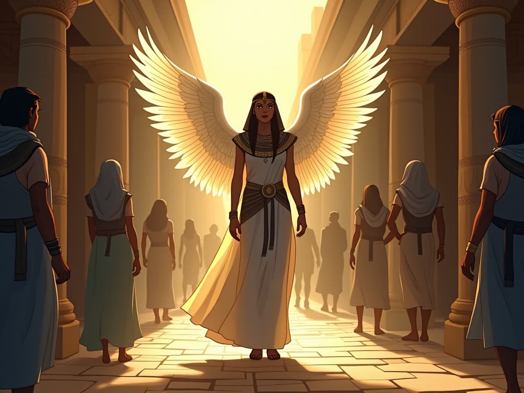  an ethereal angelic figure, hidden in plain sight in a bustling ancient marketplace, their aura of light subtly setting them apart, symbolizing an angel in disguise. the style is digital art illustration / modern comic book / mysterious occult, symbolic, esoteric vibe,high detail on character design, incorporating ancient egyptian symbology and attire.