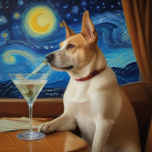 A dog drinking a martini while using a cell phone in Van Gogh style with Space background