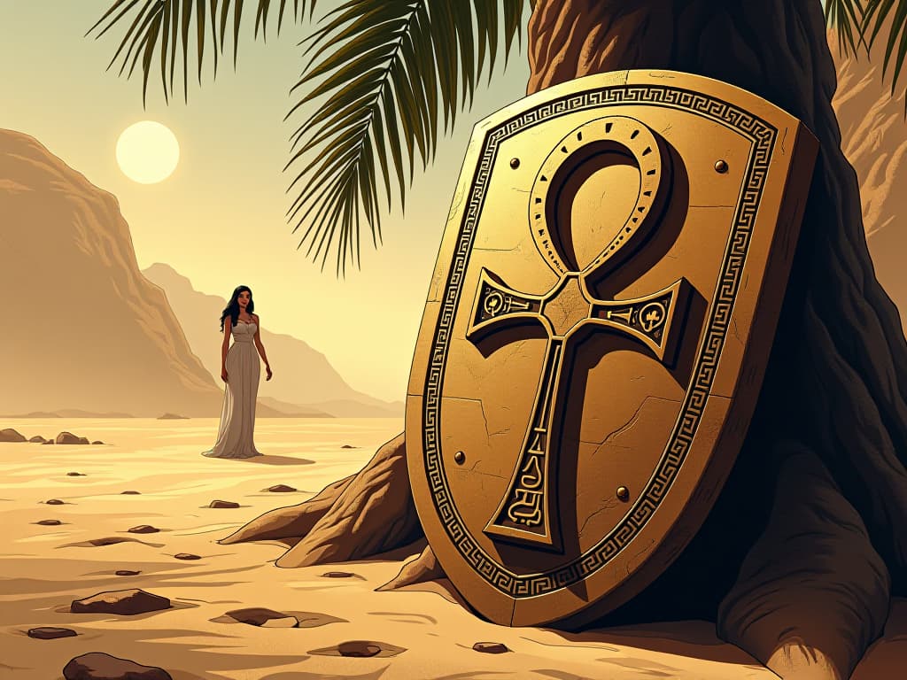  ankh shaped shield, made of ancient stone, covered in hieroglyphs, leaning against a palm tree in an oasis, sunlight reflecting off its surface, a faint silhouette of a warrior goddess in a tight, sheer dress in the background, symbolizing enduring strength. the style is digital art illustration / modern comic book / mysterious occult, symbolic, esoteric vibe,high detail on character design, incorporating ancient egyptian symbology and attire.