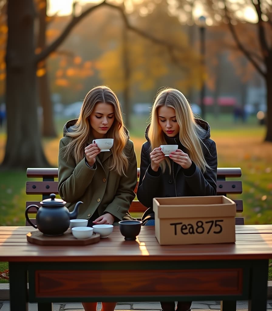  city ​​park, autumn, evening, beautiful russian blond girls are sitting on a bench in the park, drinking tea from bowls, next to the bench is chinese tea utensils, on the bench is a cardboard box with an inscription, text on box [drawing text] (with text “tea875"), hyper realistic, 4k